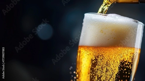 Fototapeta Crisp golden beer with frothy foam and rising bubbles poured from bottle, perfect for premium bar menus, brewery promotions, pub advertising, and festive celebration posters