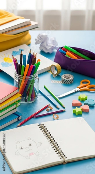 Fototapeta A bright and inviting workspace featuring an open notebook with a cute drawing, surrounded by colorful pencils, markers, and stationery, creating a creative and inspiring environment on a blue table