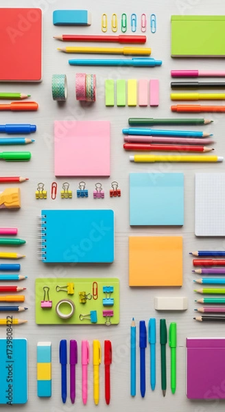 Fototapeta Overhead view of a neatly arranged collection of colorful stationery items, including notebooks, pens, pencils, and sticky notes, creating a vibrant and organized workspace aesthetic on a gray surface