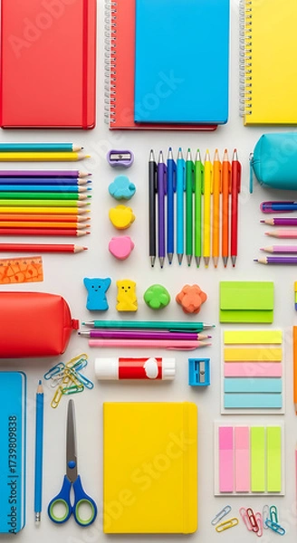 Fototapeta Overhead arrangement of colorful school supplies, including notebooks, pencils, pens, erasers, pencil cases, scissors, and paper clips, neatly organized on a white background, showcasing a vibrant and