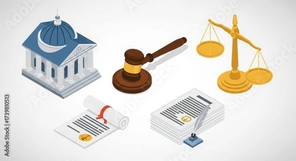 Obraz Isometric law justice legal court gavel balance building document quill illustration concept vector