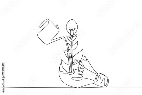 Fototapeta Single one line drawing watering plant bearing fruit lightbulb growing from a broken lightbulb. An effort to maintain a mindset. National Creativity Day. Continuous line design graphic illustration