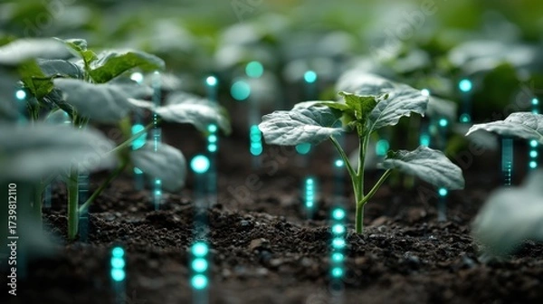 Fototapeta Green Plant Growth with Digital Elements Representing Modern Agriculture Technology and Innovation in Sustainable Farming Practices
