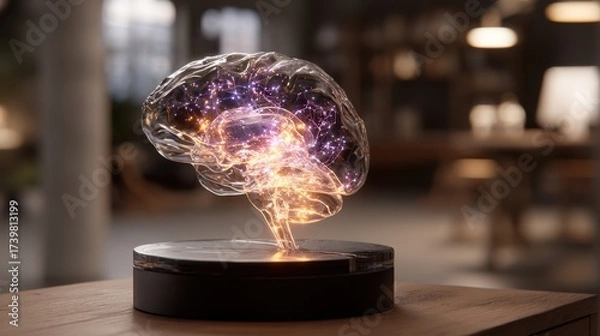 Fototapeta Transparent Brain Model with Colorful Glow Representing Ideas and Creativity in Modern Workspace Setting
