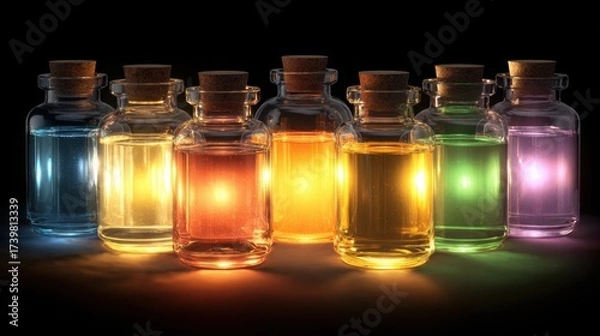 Fototapeta Colorful Glass Bottles with Cork Stoppers Illuminated Against a Dark Background
