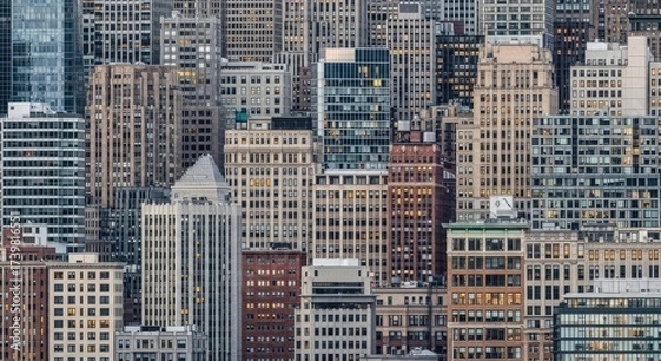 Fototapeta A bustling city skyline with diverse architectural styles and colors.