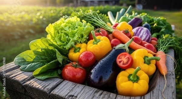 Fototapeta A variety of fresh vegetables and fruits in a wooden crate on a sunny day.
