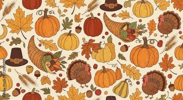 Fototapeta A colorful autumnal pattern featuring pumpkins, leaves, and turkeys on a beige background.