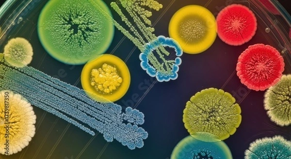 Fototapeta A colorful array of bacteria and fungi on a petri dish, with notable colors and textures.
