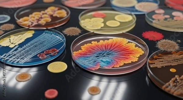 Fototapeta Bacterial colonies on petri dishes with various colors and textures.