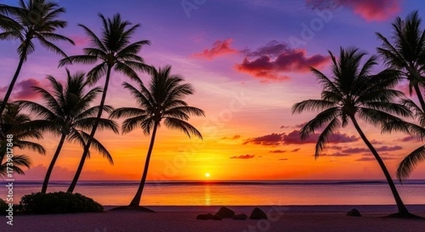Fototapeta Palm trees silhouetted against a vibrant sunset sky with a calm ocean in the background.