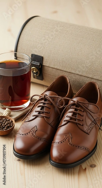 Fototapeta Elegant brown leather brogue shoes paired with a glass of dark beverage and vintage suitcase, evoking a sense of timeless style, sophistication, and travel, perfect for fashion, lifestyle, and travelt