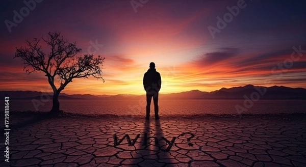 Fototapeta A man standing on a cracked, dry, desert landscape with a tree and a question mark in the sand.