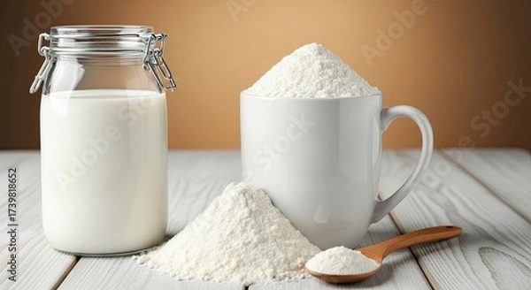 Fototapeta A white mug filled with flour and a spoon on a wooden table.