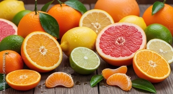 Fototapeta A vibrant assortment of citrus fruits, including oranges, lemons, limes, and grapefruits, arranged on a rustic wooden table with green leaves and a wooden background.