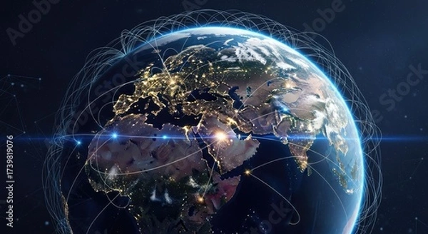 Fototapeta A globe with glowing lights and network connections, representing global connectivity and technology.
