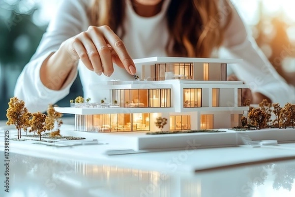 Fototapeta Receptionist pointing at modern building model with architectural details on table