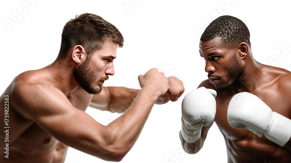 Fototapeta Intense Boxing Match: Two determined boxers in a heated boxing match, showcasing focus, strength, and the spirit of competition in this dynamic, high-energy photo.