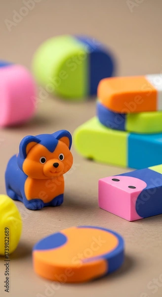 Fototapeta Closeup of colorful animalshaped erasers in a variety of shapes and colors, including bears, monkeys, and geometric designs, creating a playful and whimsical collection of stationery for kids and stud