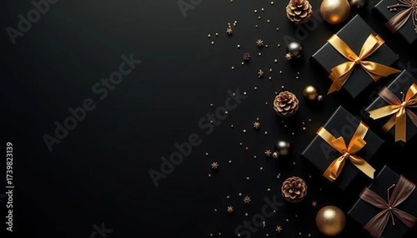 Fototapeta Christmas composition with gift boxes, pinecones, ornaments, and fir branches on a black background