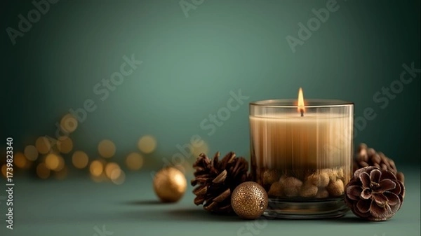 Fototapeta A glowing candle in a glass holder surrounded by pine cones and golden decor on a soft fabric, creating a warm festive atmosphere for winter celebration