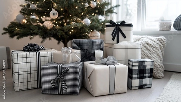 Fototapeta Minimalist Scandinavian Christmas gifts in monochrome black and white wrapping with ornaments under pine tree