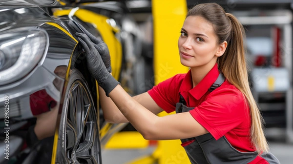 Obraz Vehicle Service Excellence: Eastern European Detailing Professional Reviews Customer Service Standards on Quality Assurance Platform. Using Expert Cleaning Techniques She Performs