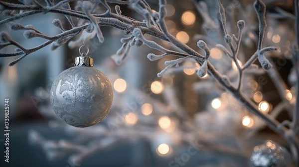 Fototapeta Glittering silver bauble on the frosted Christmas tree branch with warm holiday bokeh lights