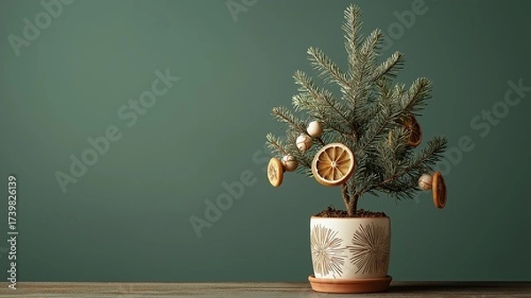 Fototapeta Small potted Christmas tree decorated with natural orange slices and fresh pine branches on wooden table