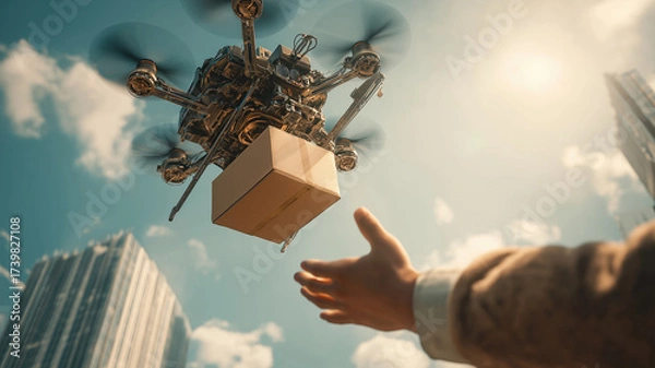 Fototapeta Close-up of futuristic drone delivering package to person in modern city with tall buildings and warm sunlight