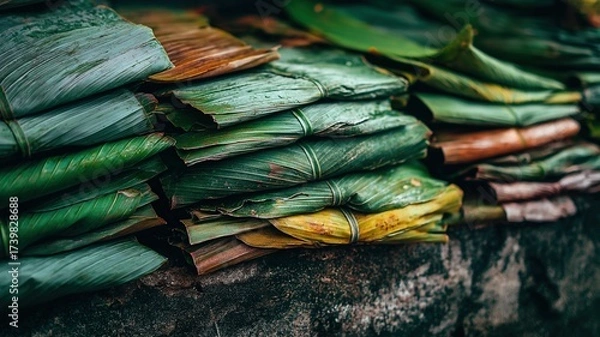 Fototapeta Close-up of fresh banana leaves neatly stacked for use in traditional Indian meal plating and festive serving