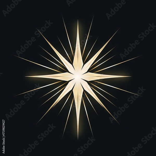 Fototapeta A radiant golden retro starburst shines brightly against a dark background with sparkling light and glowing details for festive celebration and celestial decoration
