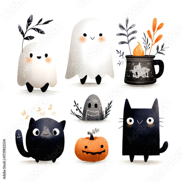 Fototapeta Halloween Characters Collection with Cats and Ghosts