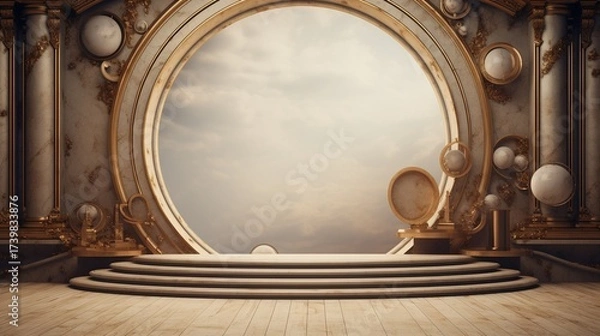 Fototapeta Elegant Ornate Circular Stage with Golden Details and Cloudy Sky View in Vintage Style