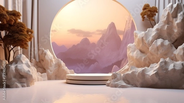 Fototapeta Futuristic Mountain Scene Viewing Window with Rocky Landscape and Trees in Soft Sunset Light