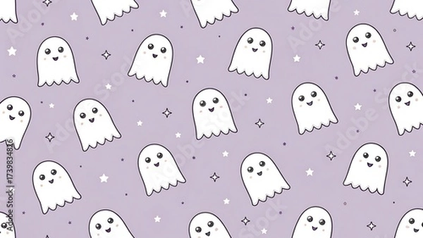 Fototapeta Seamless pattern of white ghosts on pastel lavender background, minimal Halloween design.