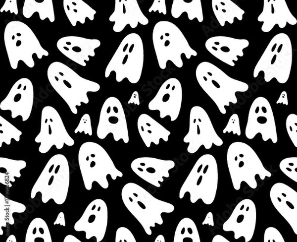 Fototapeta black and white ghost seamless pattern, isolated texture textile for Halloween night party 