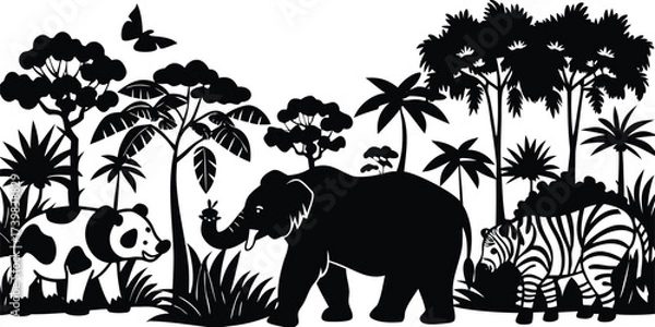 Fototapeta Silhouette illustration of an elephant and a bear in a wild animal vector art style