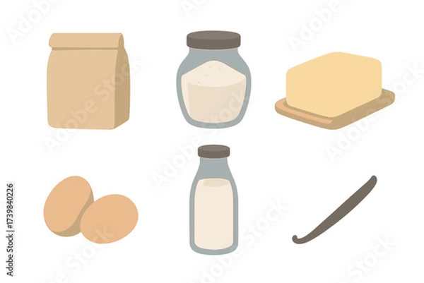 Fototapeta Essential baking ingredients including flour, sugar, butter, eggs, milk, and vanilla bean