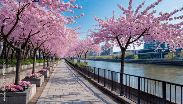 Obraz Pathway Lined with Cherry Blossoms by the Waterway in Spring