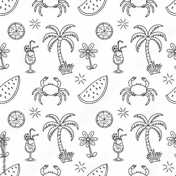 Fototapeta Seamless summer pattern isolated on white background featuring handdrawn elements such as palm trees, watermelons, cocktails, crabs, flowers, and orange slices, creating a fun and vibrant design