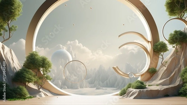 Fototapeta Futuristic Landscape with Circular Windows and Floating Rings in Serene Mountain Environment