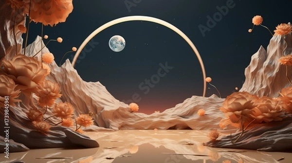 Fototapeta Futuristic Alien Landscape with Mountainous Terrain and Large Moon Under Starry Night Sky