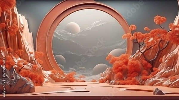 Fototapeta Futuristic Alien Landscape with Circular Portal and Orange Trees in Surreal Atmosphere