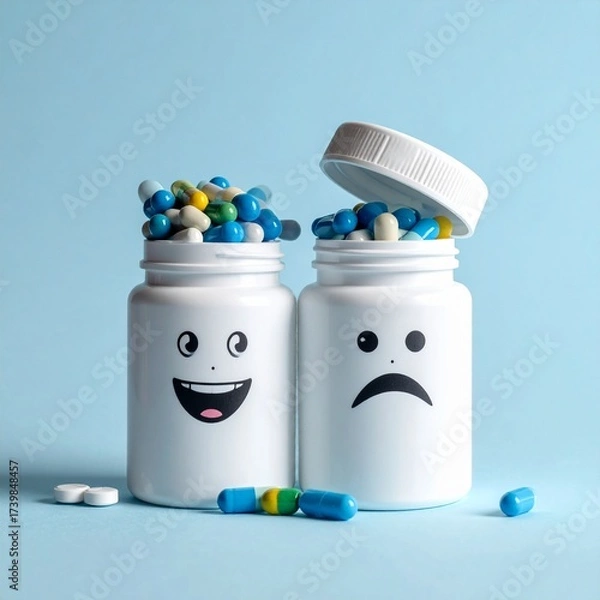 Fototapeta Alot of pills. Pills spill out of pill bottle. One of them is smiling. Another one is scared.