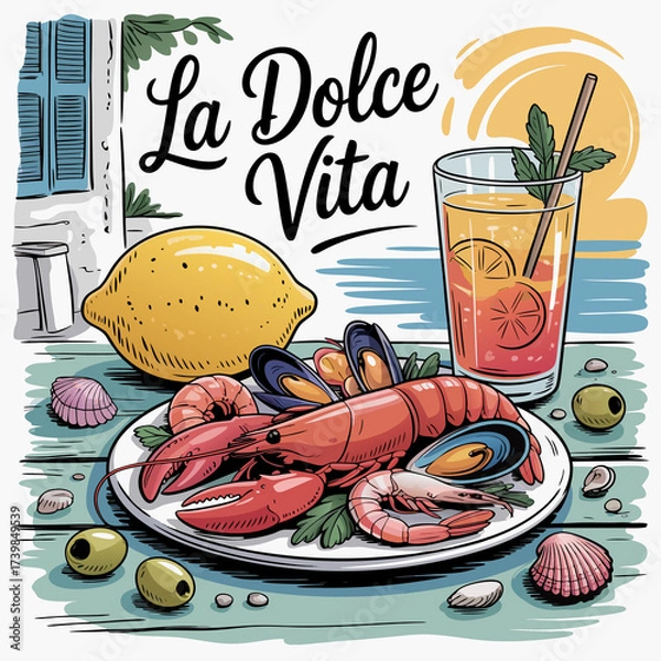 Fototapeta A vibrant illustration showcasing the essence of la dolce vita with fresh seafood, a refreshing cocktail, and a ripe lemon against a backdrop of the sea and a charming window