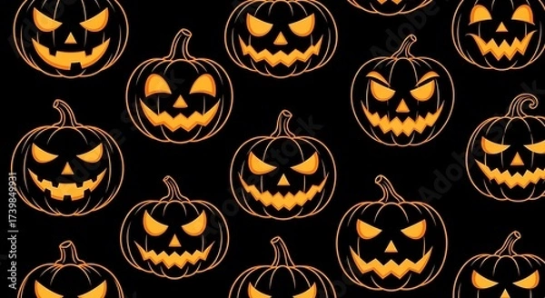 Fototapeta Seamless pattern of glowing jack-o’-lantern faces in neon orange on black background, spooky Halloween design.