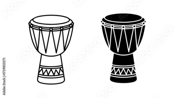Obraz African Djembe Drums Outline and Silhouette Vector Icons