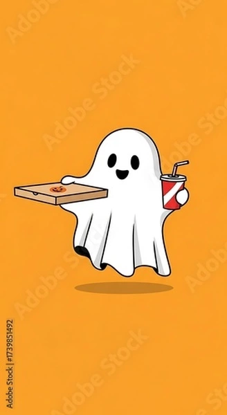 Fototapeta Ghost holding pizza box and soda on solid orange background, Halloween food delivery concept.