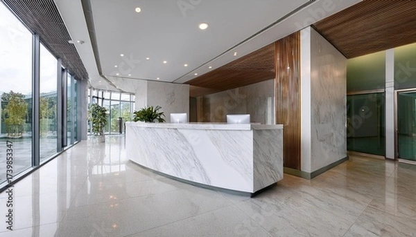 Fototapeta white marble reception desk in a modern building s lobby